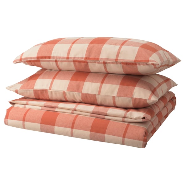 BESKSÖTEMAL Duvet cover and 2 pillowcases, red-brown/check, 240x220/50x80 cm