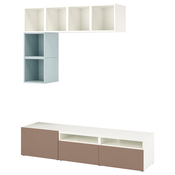 Modern BESTÅ tv storage: white, blue, peach. Wall cubes, low bench with drawers & shelves.