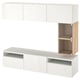 White BESTÅ tv stand with wooden shelves, sleek design.