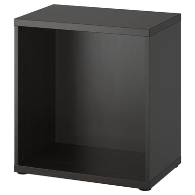 Black BESTÅ open storage unit with square design and adjustable feet.