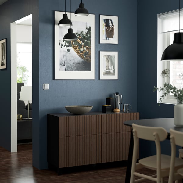 BESTÅ Storage combination w doors/drawers, black-brown Björköviken/Stubbarp/brown stained oak veneer, 120x42x74 cm