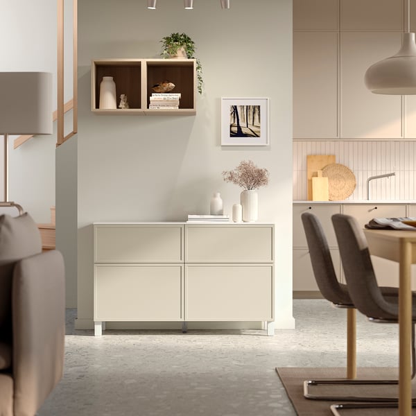 BESTÅ Storage combination w doors/drawers, white/Krukmakare beige, 120x42x75 cm