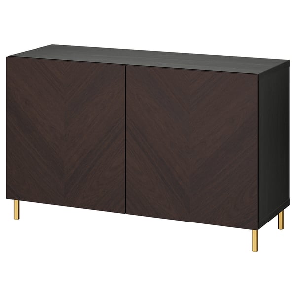 Modern dark brown wooden sideboard with two doors, gold legs, elegant grain pattern.