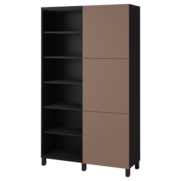 Displays a stylish BESTÅ storage cabinet in black with brown doors, featuring open and closed shelving for versatile storage.