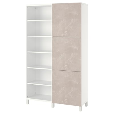 Modern BESTÅ cabinet in white with marble-patterned doors; tall rectangular shape with open and closed storage.