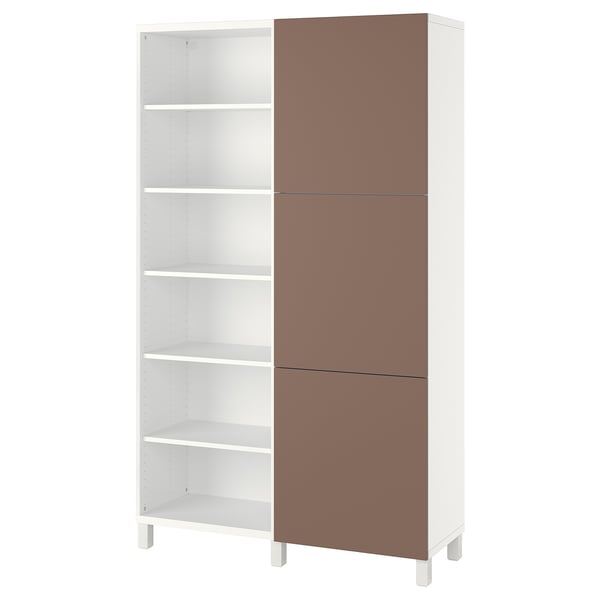 White BESTÅ bookcase, brown doors, adjustable shelves, wooden legs.