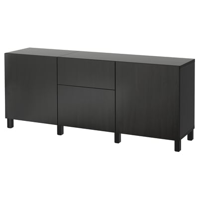 A black ikea BESTÅ sideboard with three sections: two cabinets and one drawer, featuring a sleek, modern design.