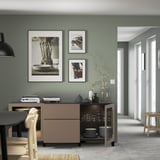 BESTÅ Storage combination with drawers, black-brown Lappviken/Stubbarp/light grey-brown clear glass, 180x42x74 cm
