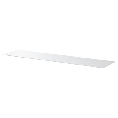 A BESTÅ glass shelf, white, rectangular, sleek, and minimalist, perfect for storage.