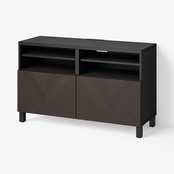 BESTÅ TV bench with doors, black-brown Hedeviken/Stubbarp/dark brown stained oak veneer, 120x42x74 cm