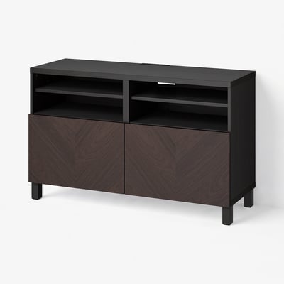 BESTÅ TV bench with doors, black-brown Hedeviken/Stubbarp/dark brown stained oak veneer, 120x42x74 cm