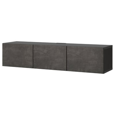 Modern black BESTÅ tv bench with three enclosed sections, sleek design, wall-mountable, storage solution.