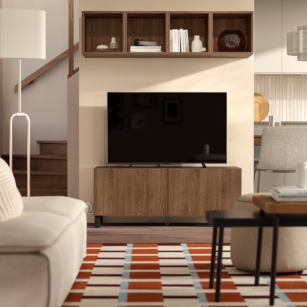 BESTÅ TV bench with doors, black-brown/Lappviken/Stubbarp walnut effect, 120x42x48 cm