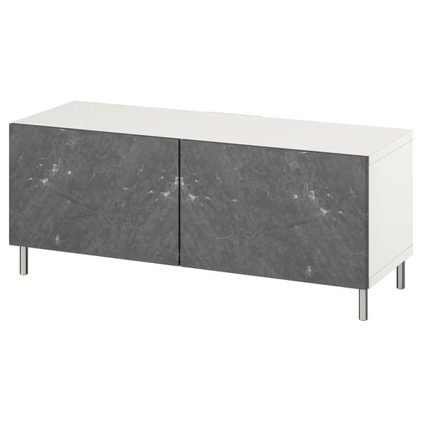 BESTÅ TV bench with doors, white Bergsviken/Ösarp/black, 120x42x48 cm