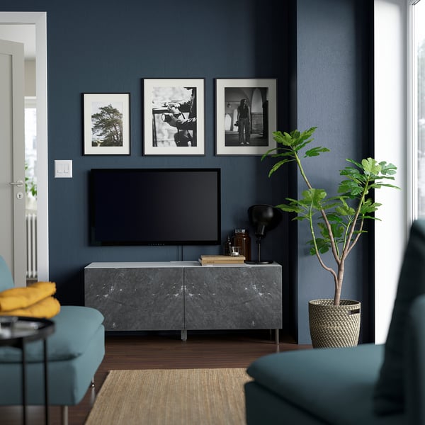 BESTÅ TV bench with doors, white Bergsviken/Ösarp/black, 120x42x48 cm