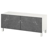 BESTÅ TV bench with doors, white Bergsviken/Stubbarp/black, 120x42x48 cm