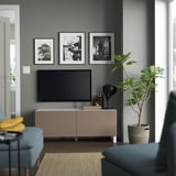 BESTÅ TV bench with doors, white Lappviken/Stubbarp/light grey-brown, 120x42x48 cm