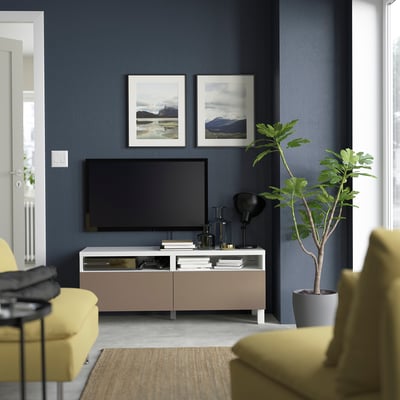 BESTÅ TV bench with drawers, white/Lappviken/Stubbarp light grey-brown, 120x42x48 cm