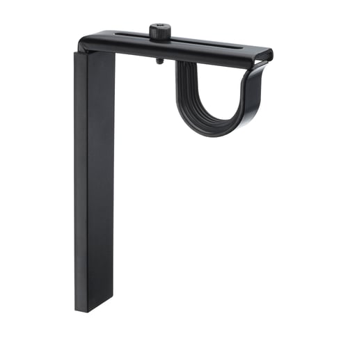Black adjustable curtain rod bracket, metallic, u-shaped design, vertical support, handy wall/mount option.