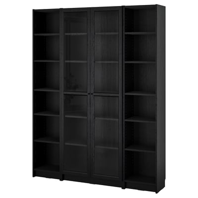 BILLY / OXBERG Bookcase combination w glass doors, black oak effect, 160x202 cm