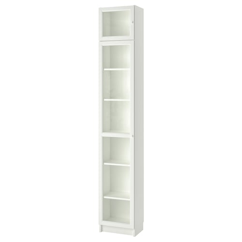 White BILLY bookcase: tall, narrow, five shelves, glass doors, modern design.