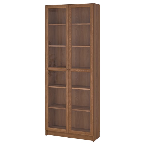 BILLY bookcase, brown, wooden, rectangular, adjustable shelves, glass doors.