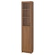 A tall wooden BILLY bookcase with two glass doors, featuring a natural finish and adjustable shelves.