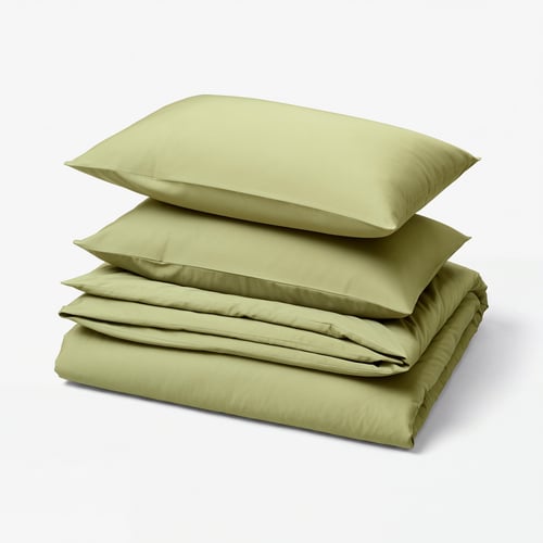 BJÖRKAL Duvet cover and 2 pillowcases, beige/green, 240x220/50x80 cm