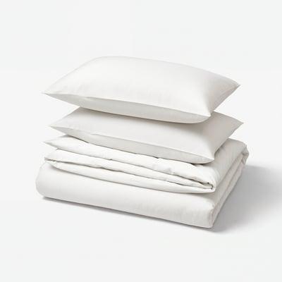 BJÖRKAL white duvet cover set, crisp cotton, sateen-weave, rectangular, simple elegance.