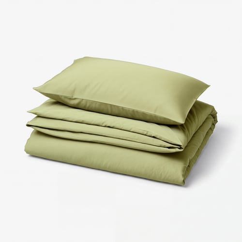 BJÖRKAL Duvet cover and pillowcase, beige/green, 150x200/50x80 cm