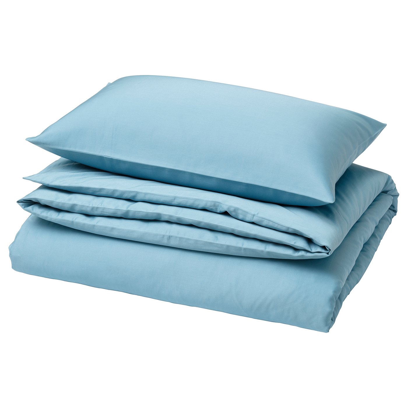 Light blue BJÖRKAL bedding set, neatly folded, includes duvet and pillowcases, sateen-woven cotton.