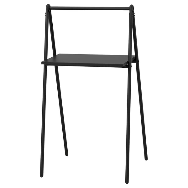 Black foldable metal table, modern design, wall-hangable, small workspace or side table.