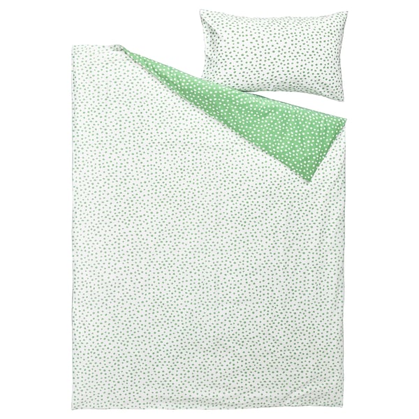 BJÖRKGRÅMAL Duvet cover and pillowcase, green white/dotted, 150x200/50x80 cm