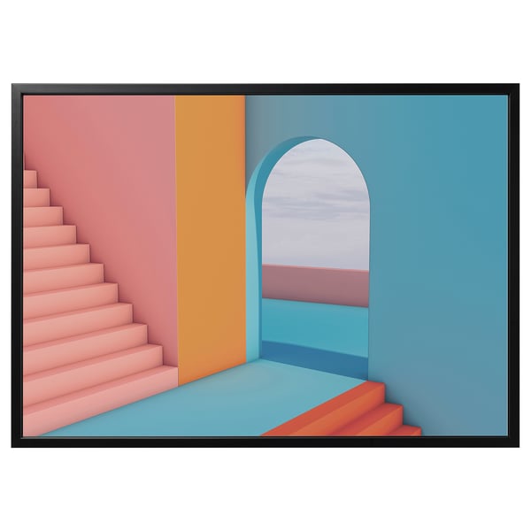 Colourful abstract art BJÖRKSTA with stairs, arch & wall in pink, blue, orange, teal. Black frame, polypropylene, 3d design.