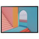 Colourful abstract art BJÖRKSTA with stairs, arch & wall in pink, blue, orange, teal. Black frame, polypropylene, 3d design.