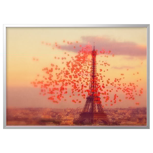 Framed art print with eiffel tower and red hearts. Aluminium silver frame. Wall decor.