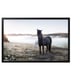 Black horse stands in frosty field with foggy mountains behind. Framed in black, rectangular.