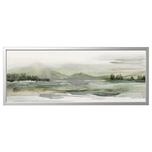 BJÖRKSTA large, rectangular, framed artwork. Abstract coastal scene in muted greens and whites. Aluminium frame, polypropylene canvas.