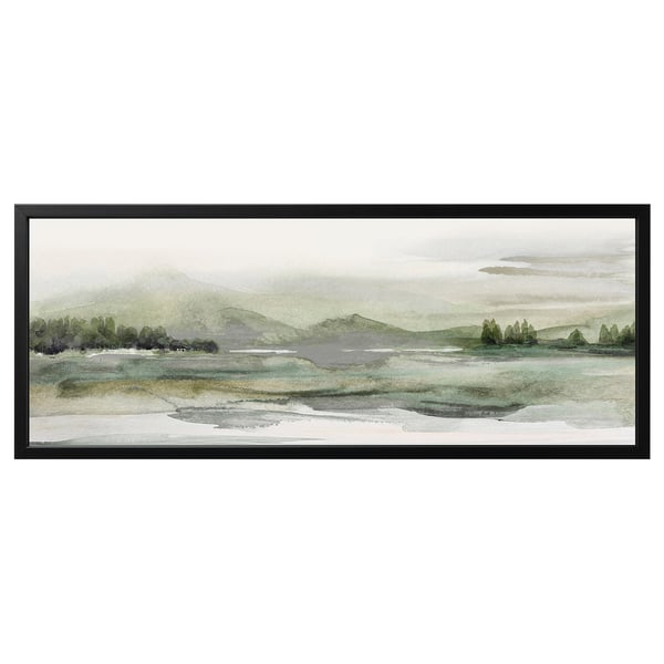 BJÖRKSTA framed artwork, rectangular, nature scene, soft colours, black frame.