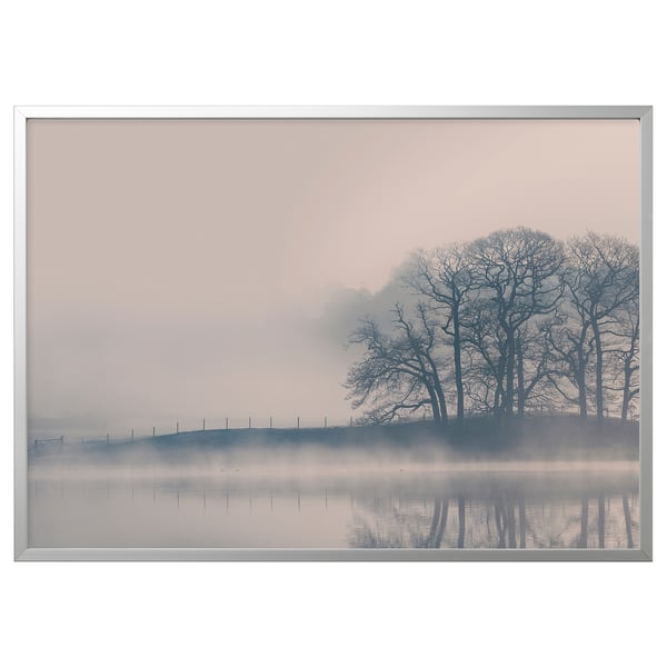Bjorksta large picture frame - silver, rectangular, minimalist design, holding a serene landscape print with bare trees and calm water.