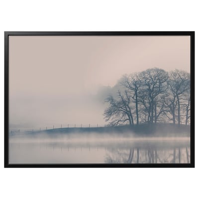 BJÖRKSTA frame, black, rectangular, surrounding misty tree reflection art.