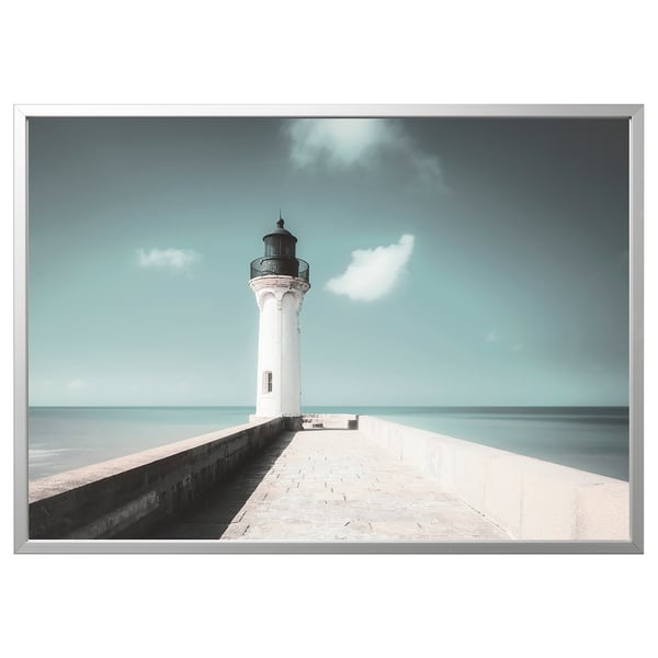 BJÖRKSTA picture: white lighthouse on sea, grey frame, minimalist design.