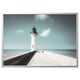 BJÖRKSTA picture: white lighthouse on sea, grey frame, minimalist design.