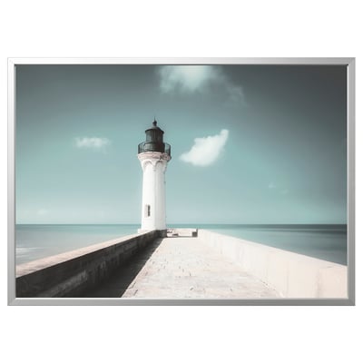 BJÖRKSTA picture: white lighthouse on sea, grey frame, minimalist design.
