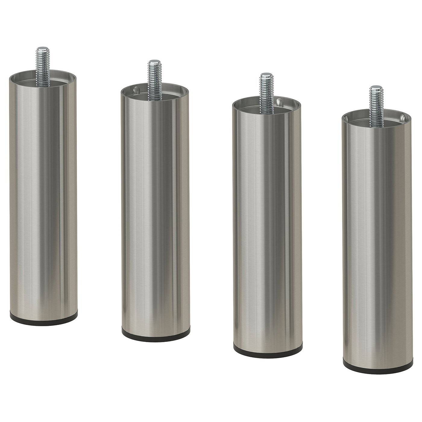Four stainless steel legs with screws, sleek and cylindrical, designed for furniture, laid out uniformly.