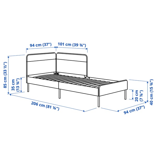 BLÅKULLEN Uph bed frame with corner headboard, Knisa medium blue, 90x200 cm