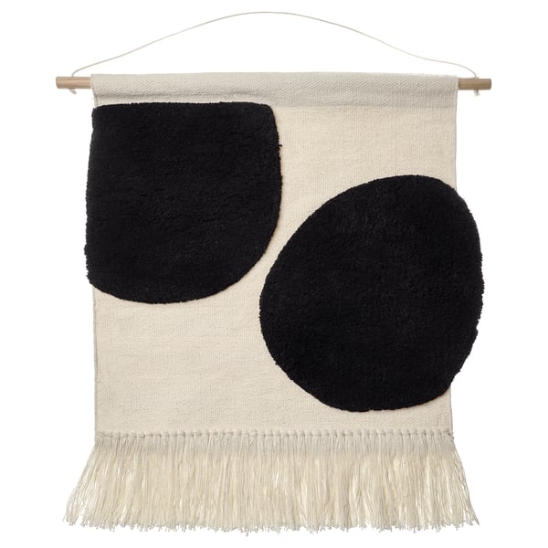 BLANDSKOG: cream, black circular shapes, textured wall hanging, fringe detail, bamboo hanger.