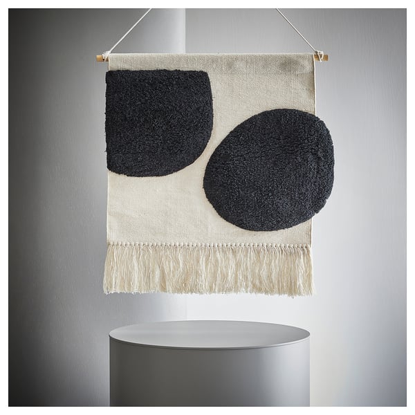 BLANDSKOG wall hanging, black & cream, ovals, fringed, woven cotton, calm, warm, modern.
