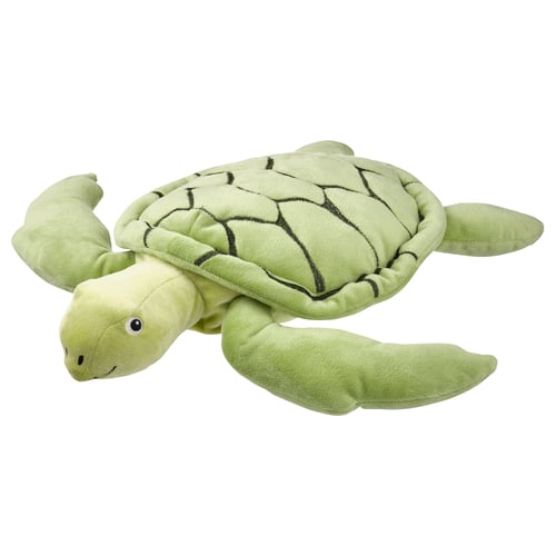 Soft green BLÅVINGAD turtle toy, made from recycled polyester, safe for kids.