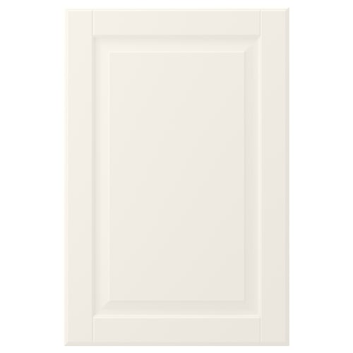 BODBYN off-white cabinet door, classic rectangular shape with bevelled panel design, made of fiberboard with lacquered finish.